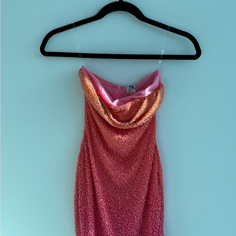 Oh Polly Pink and Orange ombré Beaded Strapless Cowl Mini Dress
